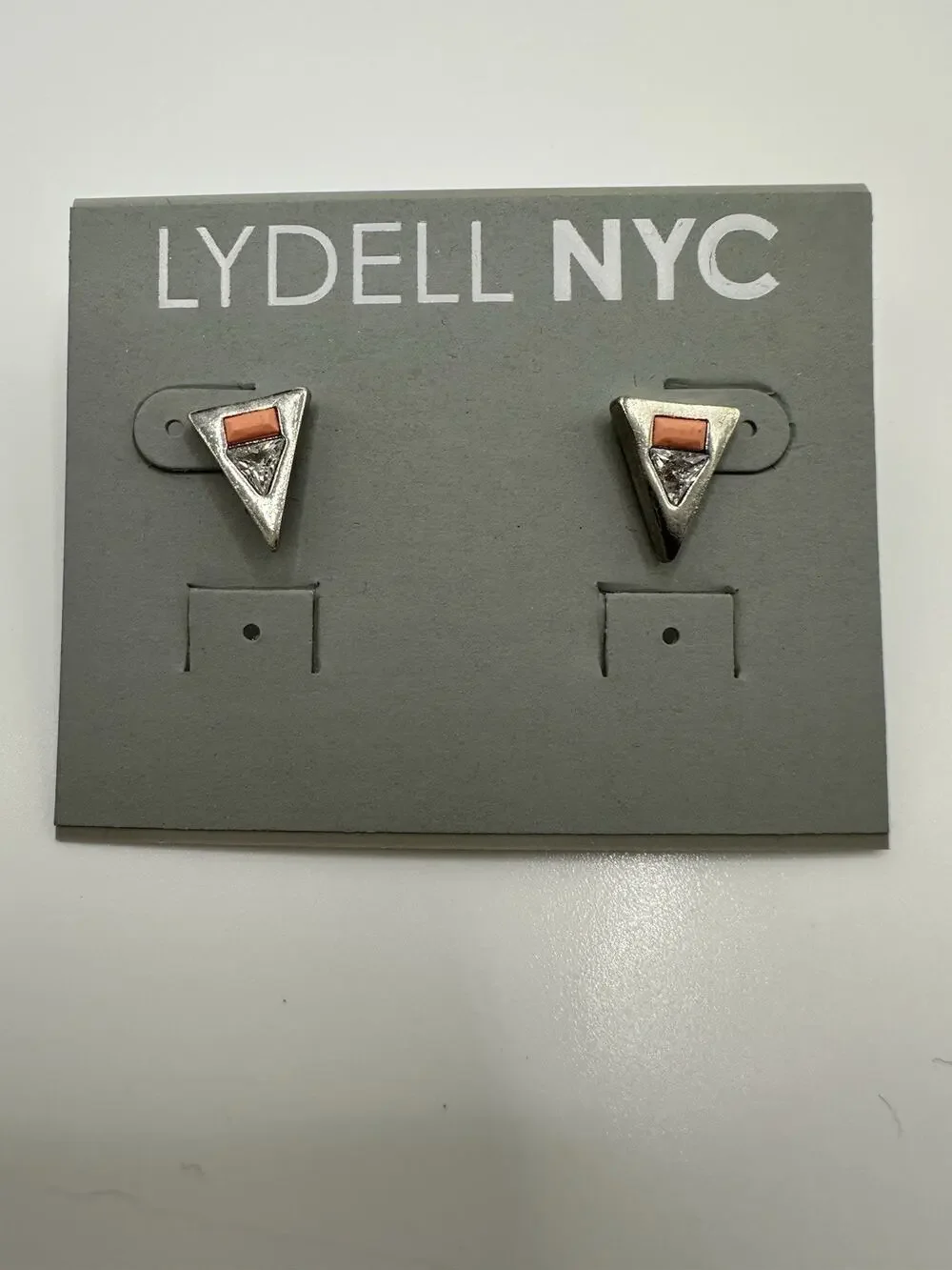 NWT LYDELL NYC Silver Tone Triangle Stud Earrings With Clear Rhinestone